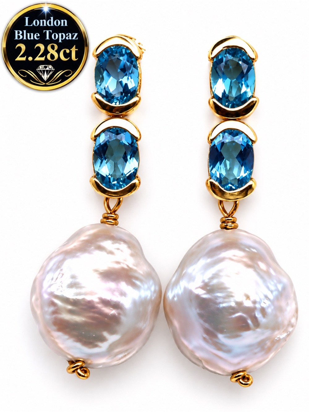 London Topaz Baroque Pearl Earrings 18k yellow gold on silver 2.28ct